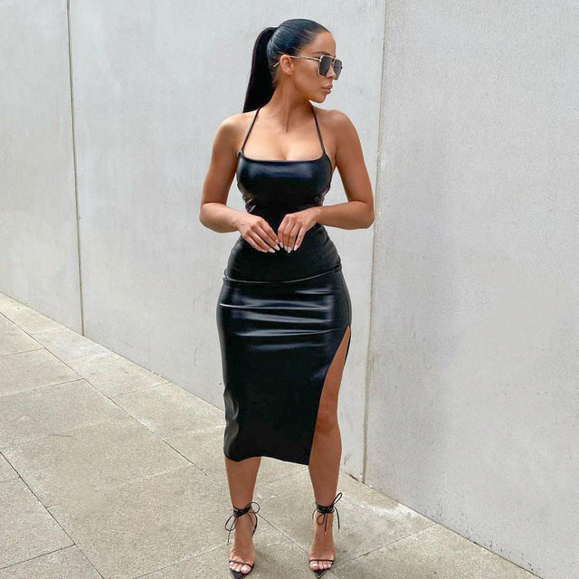 FQLWL Fall PU Leather Black Party Sexy Dresses For Women 2021 Halter Backless Bandage Bodycon Dress Ladies Club Slit Midi Dress