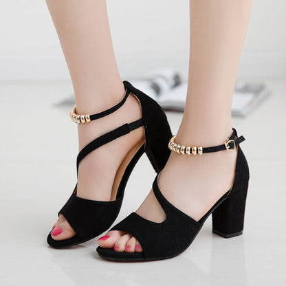 spring summer sexy fish mouth hollow Roman sandals thick with word with beaded high heels female summer Sexy female sandals