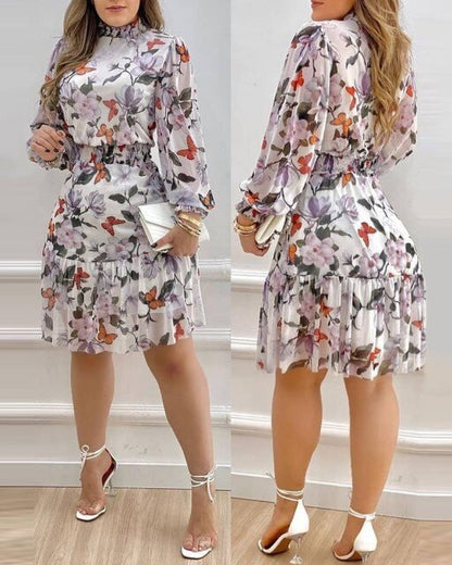 Floral Print Lantern Sleeve Shirred Ruffles Dress Women Daily Casual Midi Dress