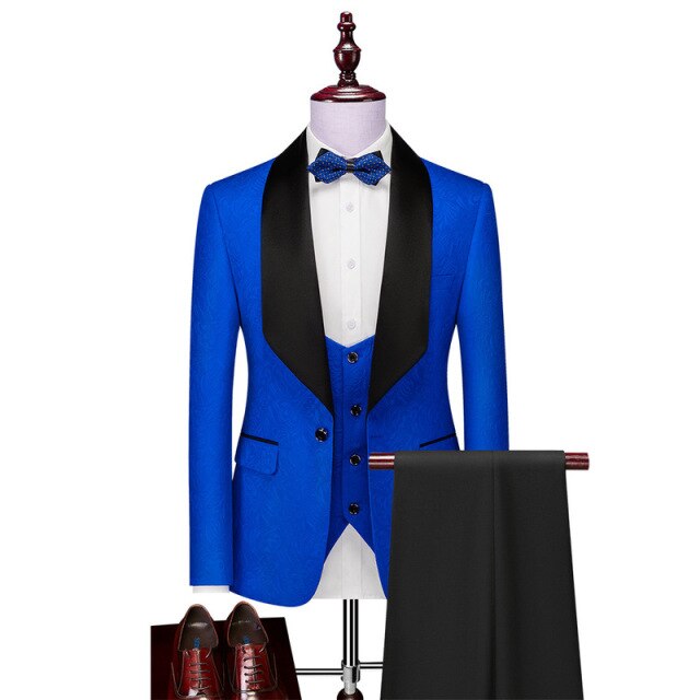 2021 New Banquet Costume Homme Slim Fit Wedding Dress Royal Smoking Jacket+Pant+Waistcoat Men Damask Jacquard Fabric Tuxedo