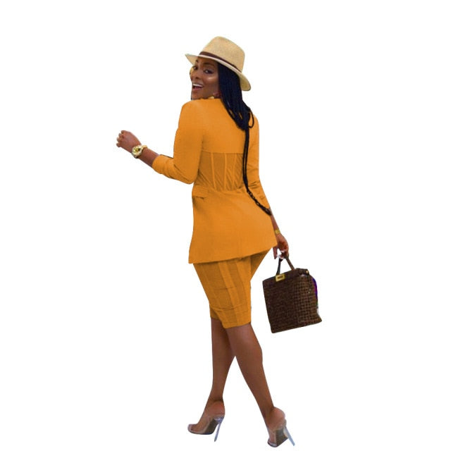 Adogirl Elegant Office Lady Two Piece Set Tracksuit Women Long Sleeve Plastic Waist Blazer + Bodycon Shorts Suit Matching Sets