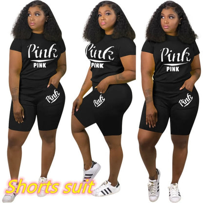 Summer Tracksuit Set For Plus Size Women 2XL Pink Letter Print Top Biker Shorts Suits Casual 2 Piece Set Sport Outfits Sweatsuit