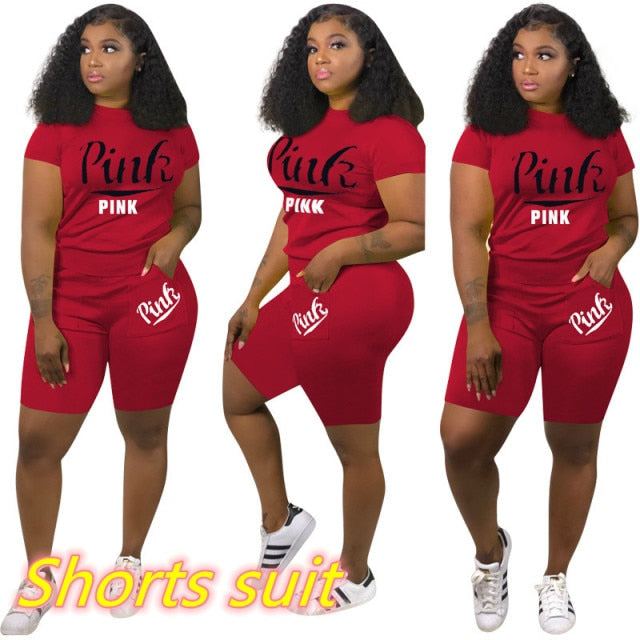 Summer Tracksuit Set For Plus Size Women 2XL Pink Letter Print Top Biker Shorts Suits Casual 2 Piece Set Sport Outfits Sweatsuit