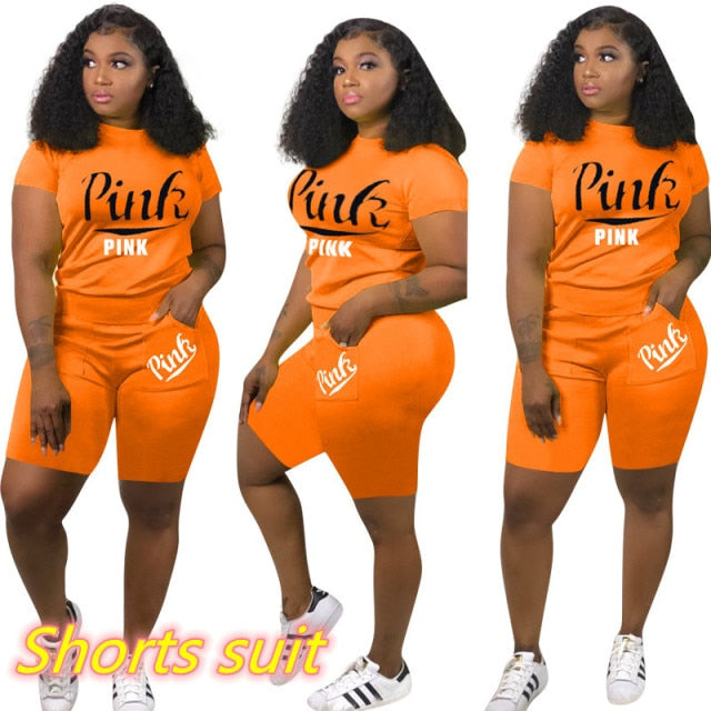 Summer Tracksuit Set For Plus Size Women 2XL Pink Letter Print Top Biker Shorts Suits Casual 2 Piece Set Sport Outfits Sweatsuit