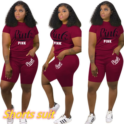 Summer Tracksuit Set For Plus Size Women 2XL Pink Letter Print Top Biker Shorts Suits Casual 2 Piece Set Sport Outfits Sweatsuit