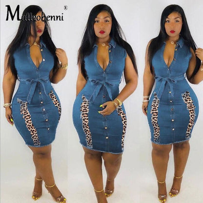 New Leopard Patchwork Denim Dress Women Sleeveless Turn Down Collar Office Lady Pencil Dresses Female Summer Jeans Lace Up Dress