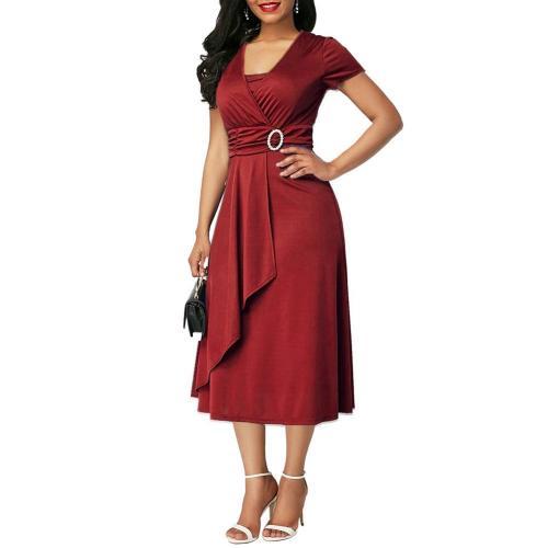 Plus Size Elegant Women Solid Color Short Sleeve V Neck Asymmetric Hem Waist Tight Midi Party Dress Ladies Evening Vestidos