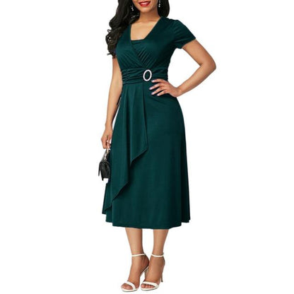 Plus Size Elegant Women Solid Color Short Sleeve V Neck Asymmetric Hem Waist Tight Midi Party Dress Ladies Evening Vestidos