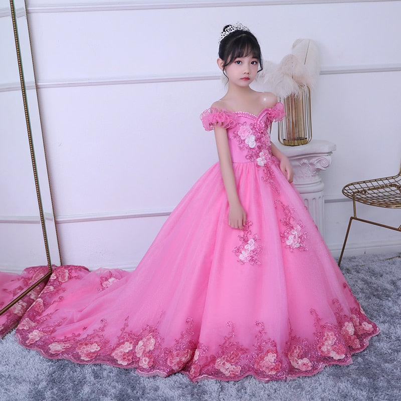 Girls Children Luxury Korean Sweet Shoulderless Wedding Birthday Party Long Tail Dress Kid Teens Communication Piano Host Dress