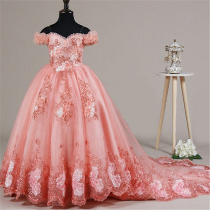 Girls Children Luxury Korean Sweet Shoulderless Wedding Birthday Party Long Tail Dress Kid Teens Communication Piano Host Dress