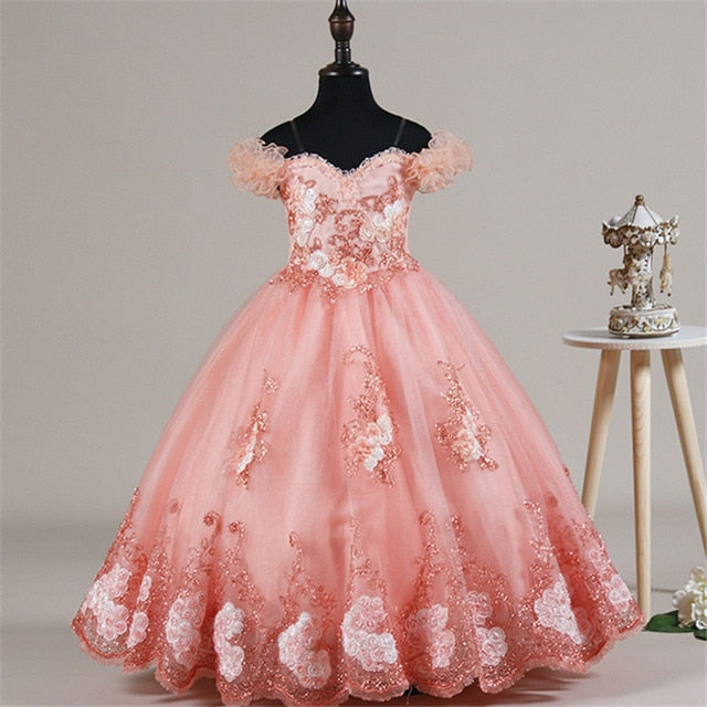 Girls Children Luxury Korean Sweet Shoulderless Wedding Birthday Party Long Tail Dress Kid Teens Communication Piano Host Dress