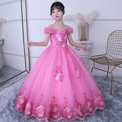 Girls Children Luxury Korean Sweet Shoulderless Wedding Birthday Party Long Tail Dress Kid Teens Communication Piano Host Dress