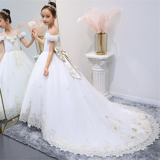 Girls Children Luxury Korean Sweet Shoulderless Wedding Birthday Party Long Tail Dress Kid Teens Communication Piano Host Dress