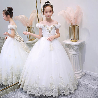 Girls Children Luxury Korean Sweet Shoulderless Wedding Birthday Party Long Tail Dress Kid Teens Communication Piano Host Dress