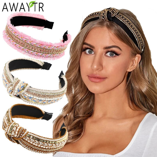 Sequins Crystal Pearl Knot Headband For Women Wide Bow Hairbands Bohemia Chain Hair Accessories Flower Hair Bands Hoop Headdress