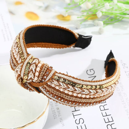 Sequins Crystal Pearl Knot Headband For Women Wide Bow Hairbands Bohemia Chain Hair Accessories Flower Hair Bands Hoop Headdress