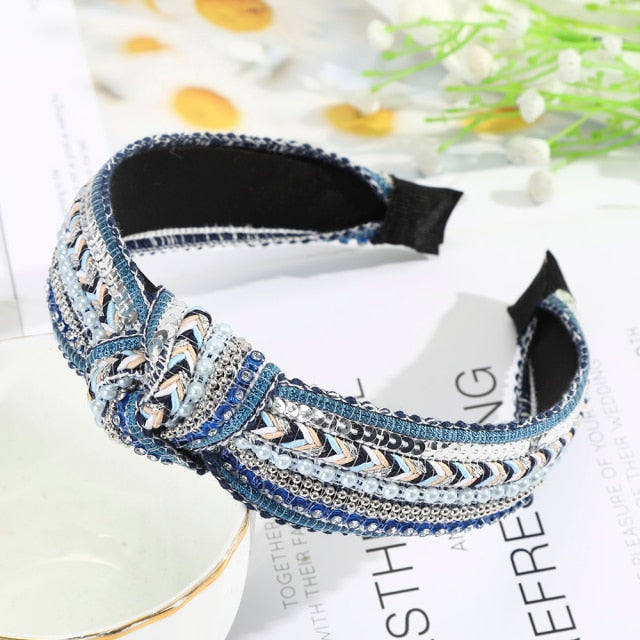 Sequins Crystal Pearl Knot Headband For Women Wide Bow Hairbands Bohemia Chain Hair Accessories Flower Hair Bands Hoop Headdress