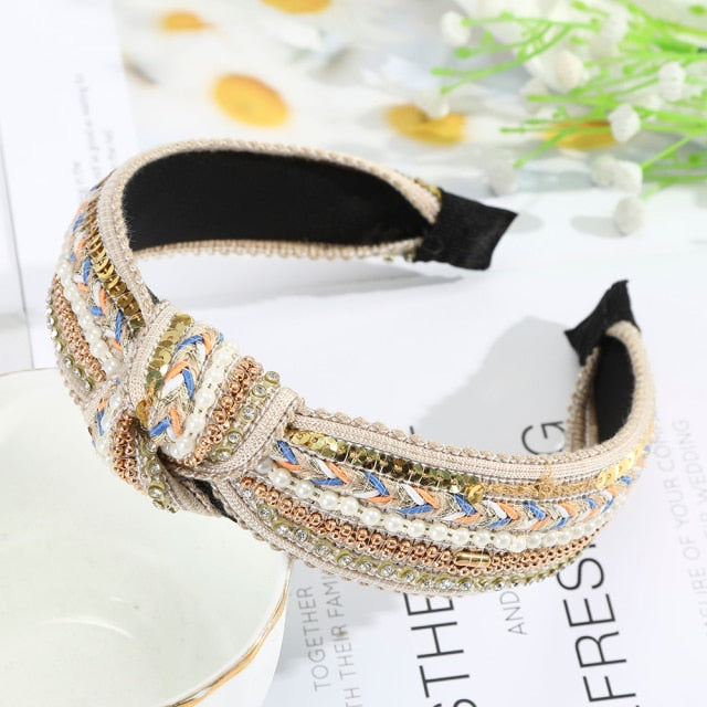 Sequins Crystal Pearl Knot Headband For Women Wide Bow Hairbands Bohemia Chain Hair Accessories Flower Hair Bands Hoop Headdress