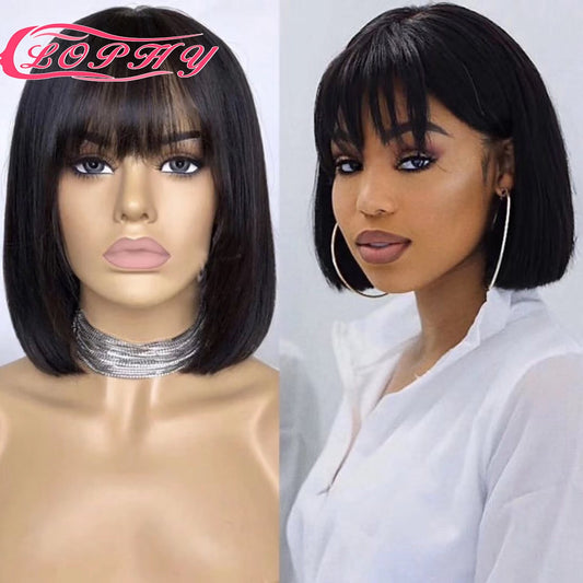 Straight Bob Wig with Bangs Cheap Human Hair Wigs with Bangs for Black Women Brazilian Full Machine Wigs Can Be Permed & Dye