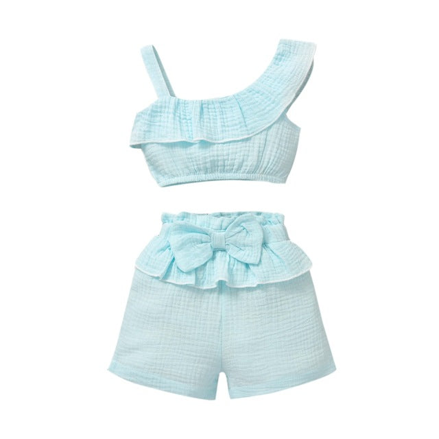 Summer Cute Baby Girls Clothes Sets One Shoulder Ruffles Tops Big Bow Printed Shorts Headband Boutique Kids Clothing Wholesale