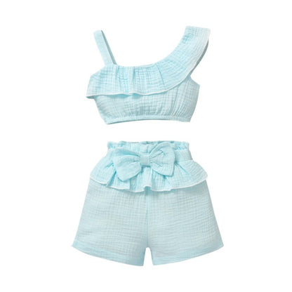 Summer Cute Baby Girls Clothes Sets One Shoulder Ruffles Tops Big Bow Printed Shorts Headband Boutique Kids Clothing Wholesale