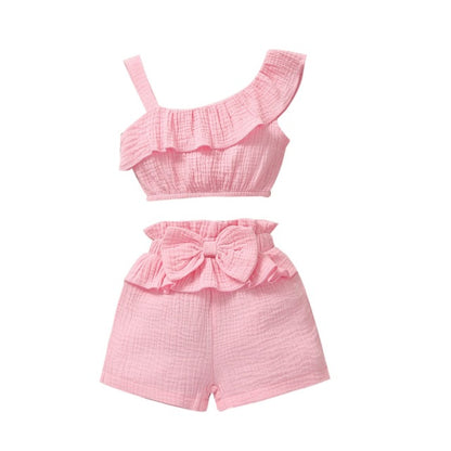 Summer Cute Baby Girls Clothes Sets One Shoulder Ruffles Tops Big Bow Printed Shorts Headband Boutique Kids Clothing Wholesale