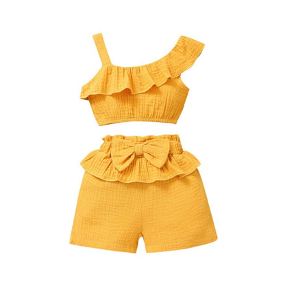 Summer Cute Baby Girls Clothes Sets One Shoulder Ruffles Tops Big Bow Printed Shorts Headband Boutique Kids Clothing Wholesale