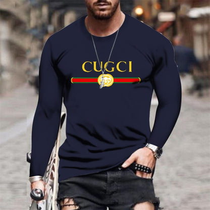 Summer new men's GU classic solid color printing round neck long sleeve fashion street summer fashion plus size men's clothing