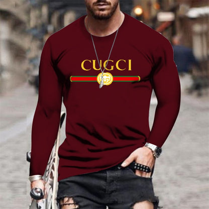 Summer new men's GU classic solid color printing round neck long sleeve fashion street summer fashion plus size men's clothing