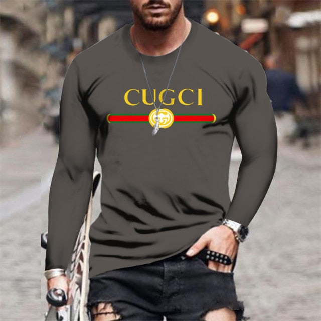 Summer new men's GU classic solid color printing round neck long sleeve fashion street summer fashion plus size men's clothing