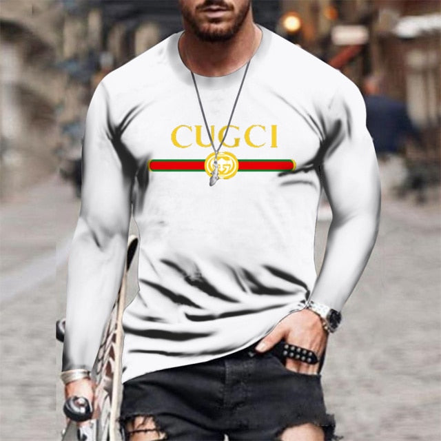 Summer new men's GU classic solid color printing round neck long sleeve fashion street summer fashion plus size men's clothing