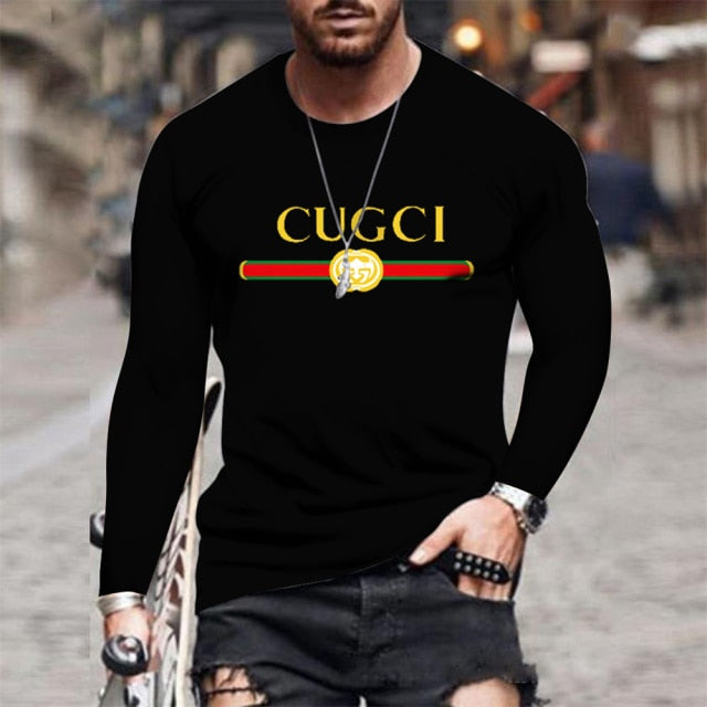 Summer new men's GU classic solid color printing round neck long sleeve fashion street summer fashion plus size men's clothing