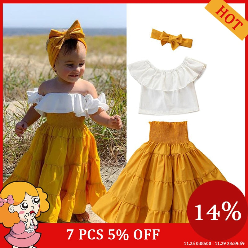 Summer Baby Kids Girl Top Quality Outfits Off Shoulder Solid Color Ruffle Tank Top Long Flare Dress 3Pcs Set Fashion New Clothes