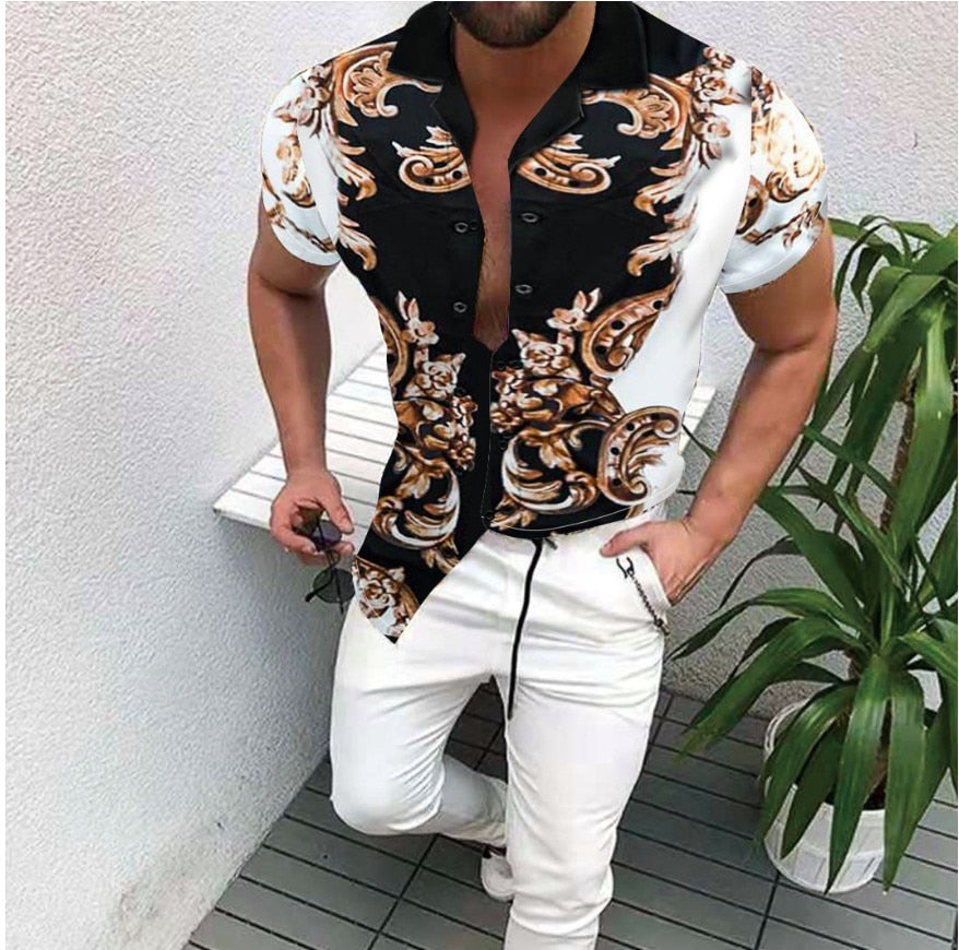 2021 Hot Sale European American Men&#39;s Clothing Casual Fashion Printed Shirt Single-Breasted Cardigan Short Sleeve Shirt Men