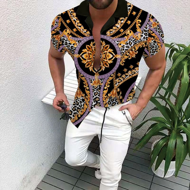 2021 Hot Sale European American Men&#39;s Clothing Casual Fashion Printed Shirt Single-Breasted Cardigan Short Sleeve Shirt Men