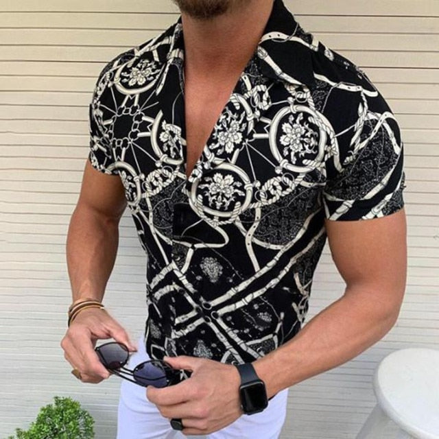 2021 Hot Sale European American Men&#39;s Clothing Casual Fashion Printed Shirt Single-Breasted Cardigan Short Sleeve Shirt Men