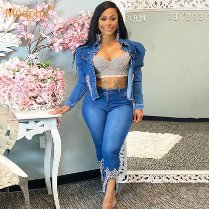 Blue Denim Two Piece Set Jeans Suit for Women Long Sleeve Jacket Crop Top and Pants Female 2 Piece Club Outfits Matching Sets