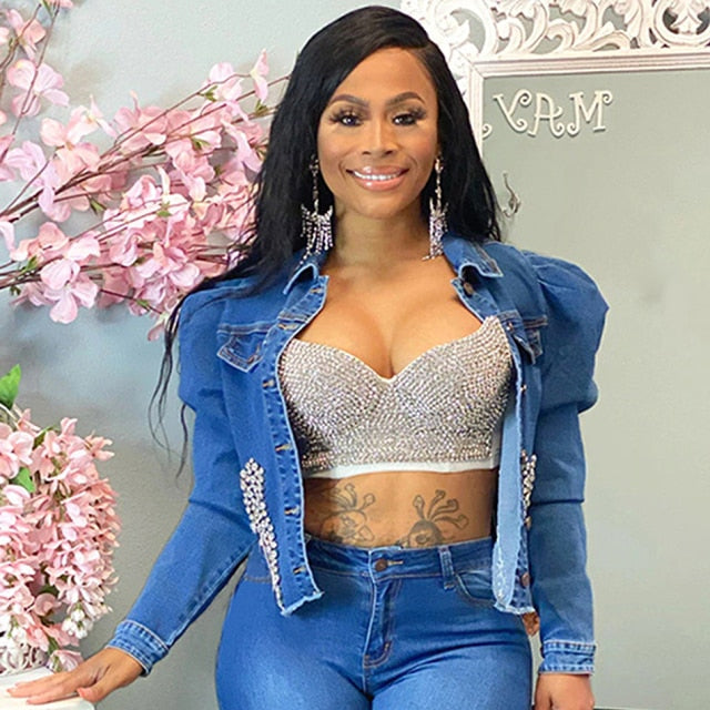 Blue Denim Two Piece Set Jeans Suit for Women Long Sleeve Jacket Crop Top and Pants Female 2 Piece Club Outfits Matching Sets