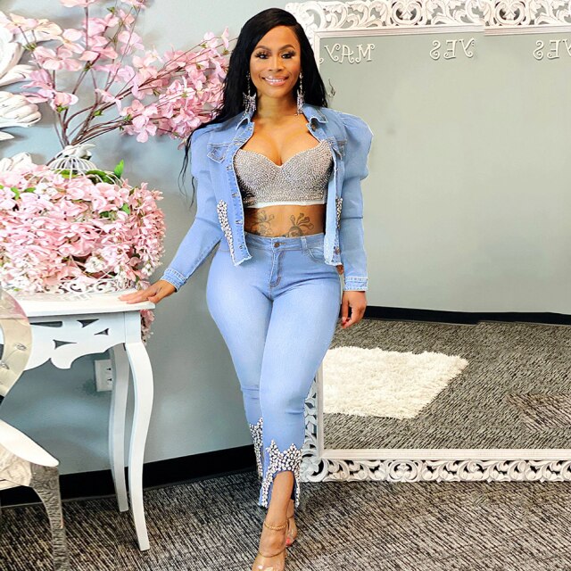 Blue Denim Two Piece Set Jeans Suit for Women Long Sleeve Jacket Crop Top and Pants Female 2 Piece Club Outfits Matching Sets