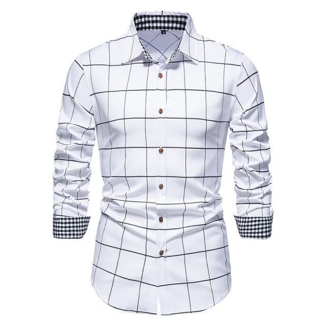 PARKLEES 2021 Autumn Plaid Patchwork Formal Shirts for Men Slim Long Sleeve White Button Up Shirt Dress Business Office Camisas