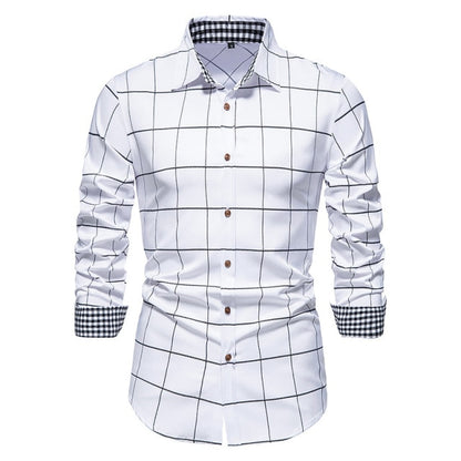 PARKLEES 2021 Autumn Plaid Patchwork Formal Shirts for Men Slim Long Sleeve White Button Up Shirt Dress Business Office Camisas