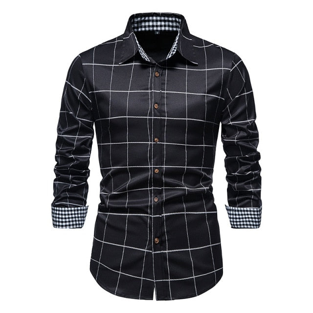 PARKLEES 2021 Autumn Plaid Patchwork Formal Shirts for Men Slim Long Sleeve White Button Up Shirt Dress Business Office Camisas