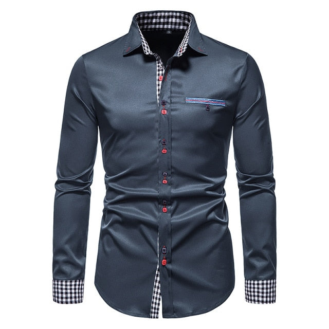 PARKLEES 2021 Autumn Plaid Patchwork Formal Shirts for Men Slim Long Sleeve White Button Up Shirt Dress Business Office Camisas