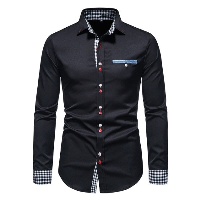 PARKLEES 2021 Autumn Plaid Patchwork Formal Shirts for Men Slim Long Sleeve White Button Up Shirt Dress Business Office Camisas