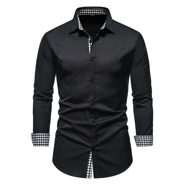 PARKLEES 2021 Autumn Plaid Patchwork Formal Shirts for Men Slim Long Sleeve White Button Up Shirt Dress Business Office Camisas