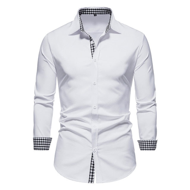 PARKLEES 2021 Autumn Plaid Patchwork Formal Shirts for Men Slim Long Sleeve White Button Up Shirt Dress Business Office Camisas