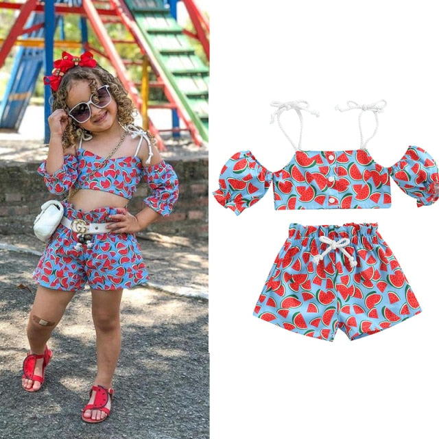 3Pcs Summer Girl Baby Kids Clothes Off-shoulder Ruffles T-shirt Top Shorts Princess Belt Skirt Party Outfits Hot Sale 1-5T