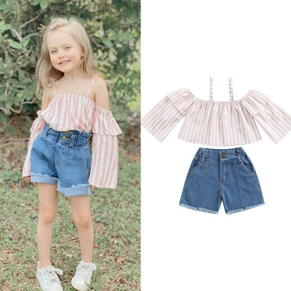 3Pcs Summer Girl Baby Kids Clothes Off-shoulder Ruffles T-shirt Top Shorts Princess Belt Skirt Party Outfits Hot Sale 1-5T