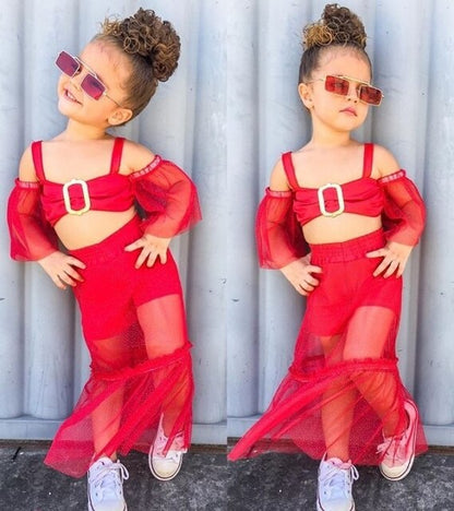 3Pcs Summer Girl Baby Kids Clothes Off-shoulder Ruffles T-shirt Top Shorts Princess Belt Skirt Party Outfits Hot Sale 1-5T