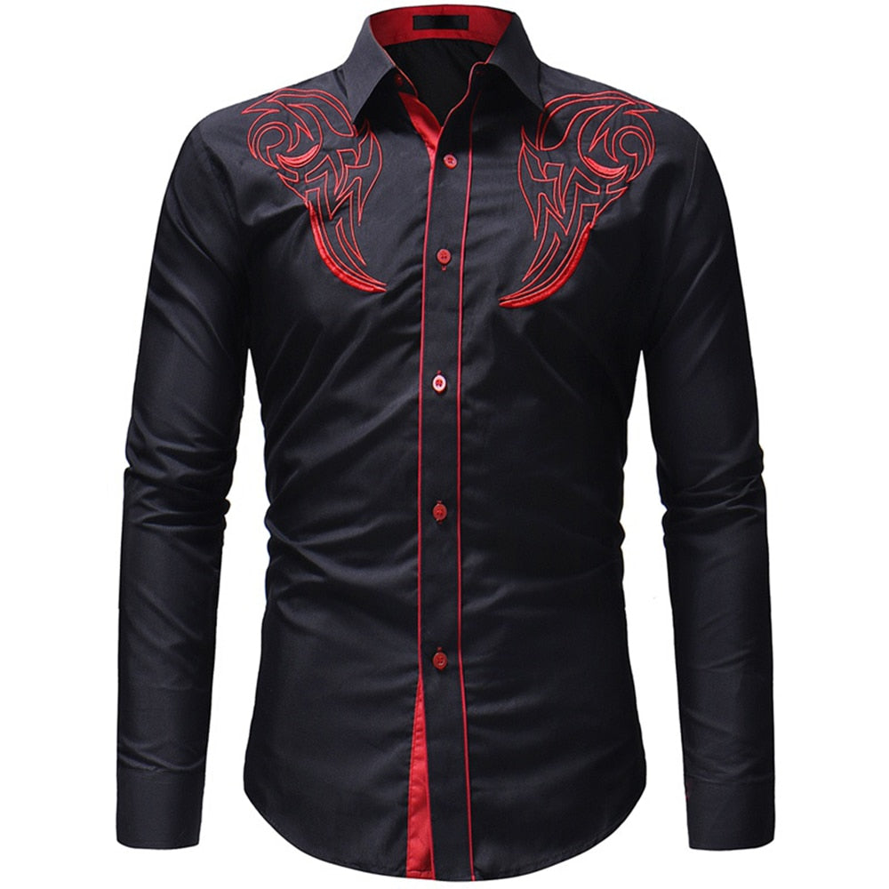 Fashion Men&#39;s Embroidered Western Shirt Long Sleeve Slim Casual Shirt